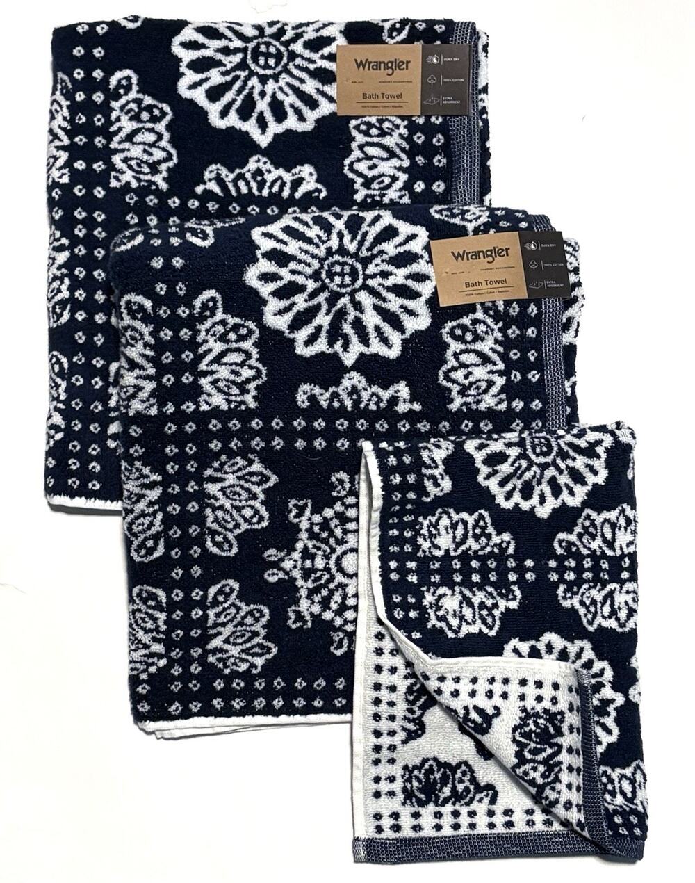 Wrangler Bath Hand Towels Bandana Blue Set Of 3 Pcs Floral White Flowers NWT